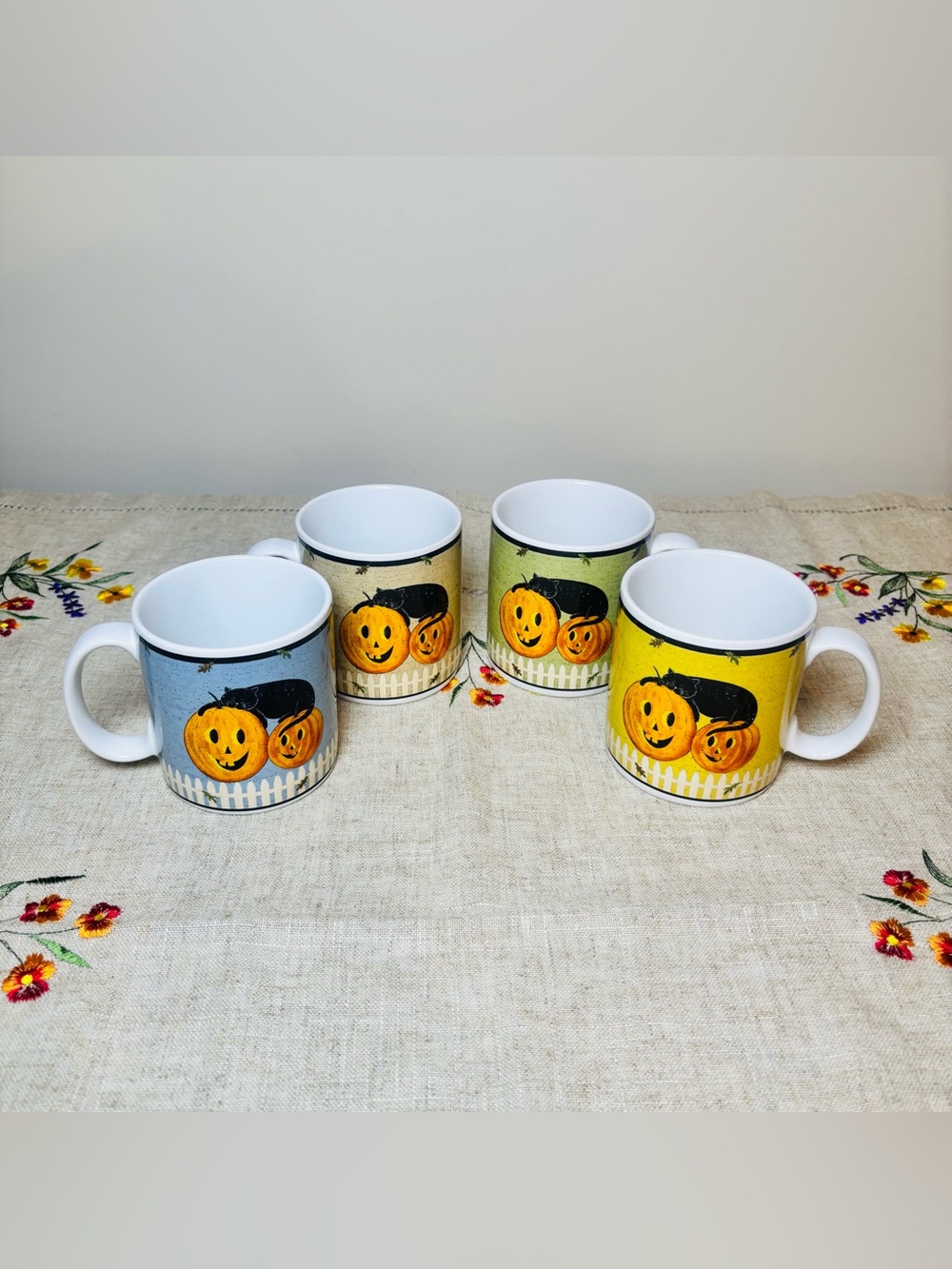 Warren Kimble Sakura Pumpkin Dreams Halloween Mugs Set of 4 VTG 2000